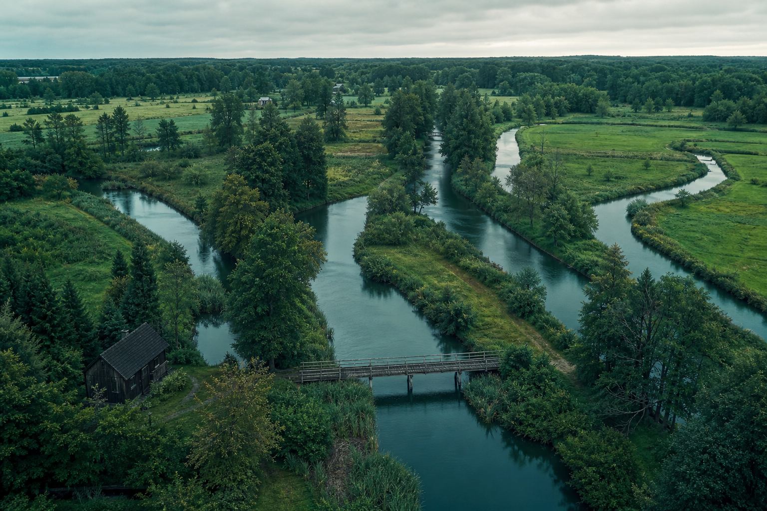 Windendes Kanalnetz im Spreewald von oben