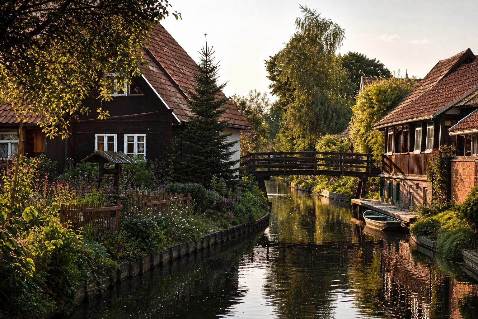 Inseldorf mit Gärten und Kanalbrücken im Spreewald